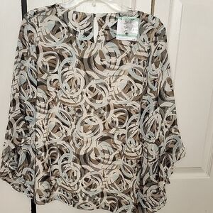 Kasper Sheer Abstract Circle Print Blouse in Black, White & Tan